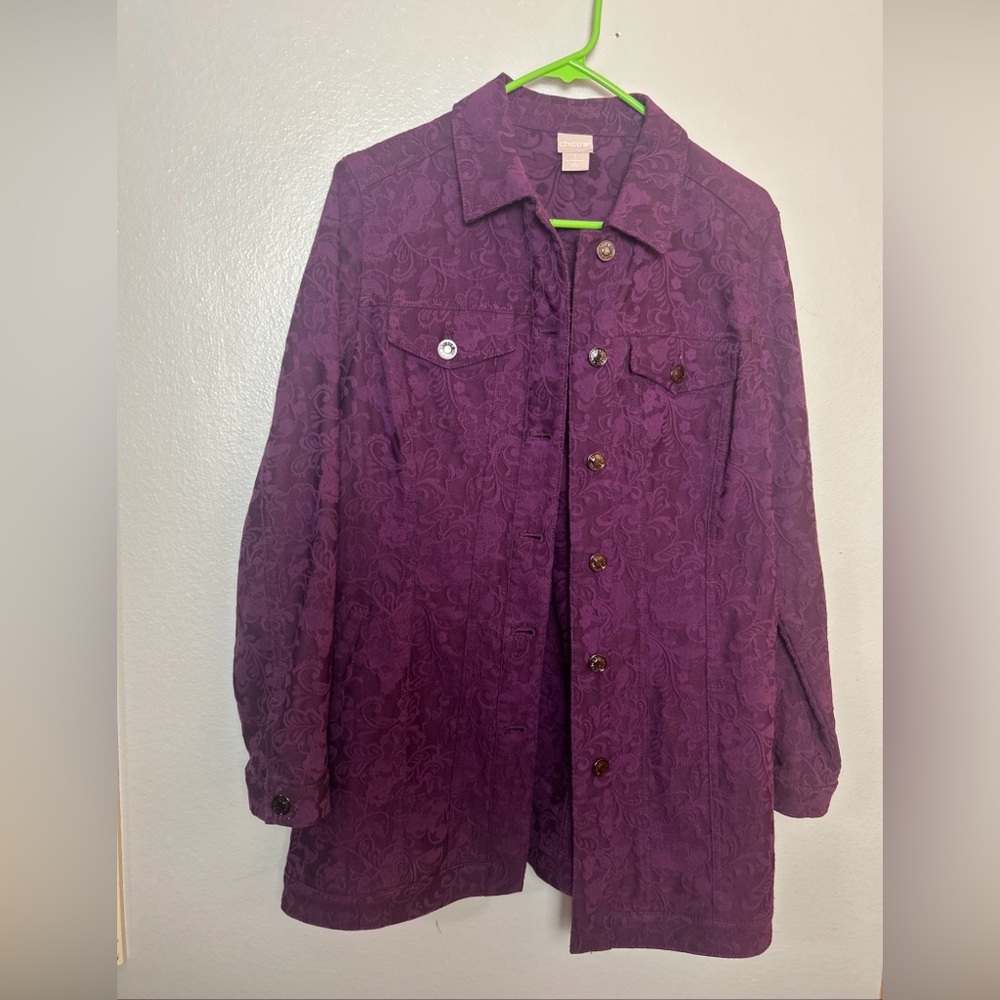 Chico’s Burgundy Brocade Open Front Jacket Blazer 1 (8/10)